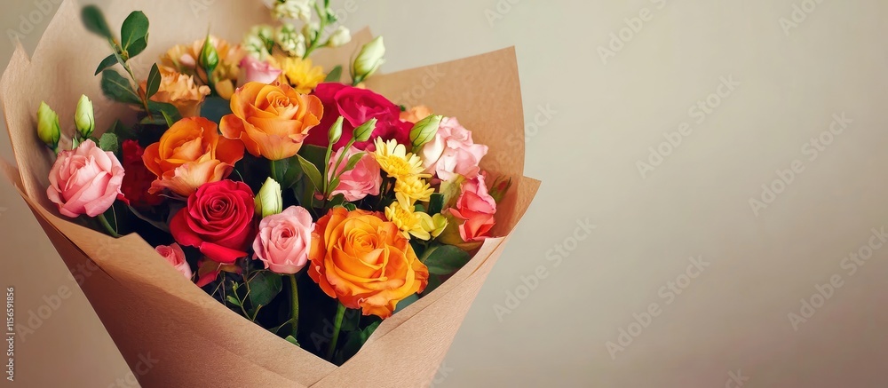 Poster florist adding finishing touches to colorful bouquet with space for text in elegant setting