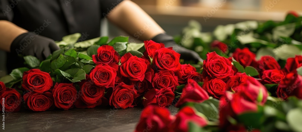Poster florist arranging fresh red roses on a table with ample space for personalized text or branding in a