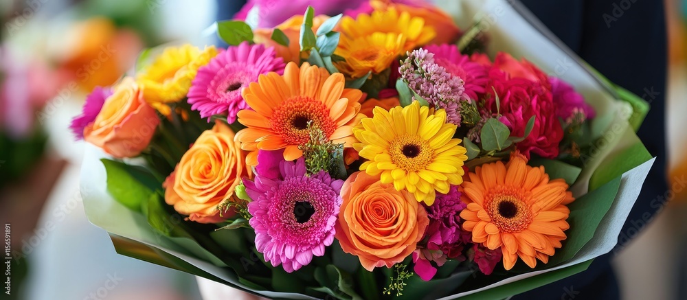 Poster florist skillfully wrapping a vibrant bouquet of colorful flowers with ample space for text display 