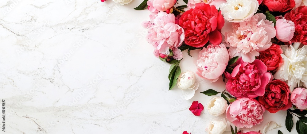 Aufkleber florist creating vibrant bouquet of peonies and roses on marble background with ample empty space fo