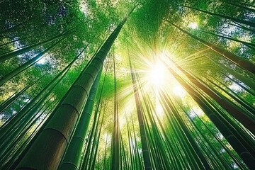 Lush green bamboo forest with sunlight filtering through leaves Generative Ai