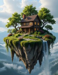 House on a Floating Island with Waterfall