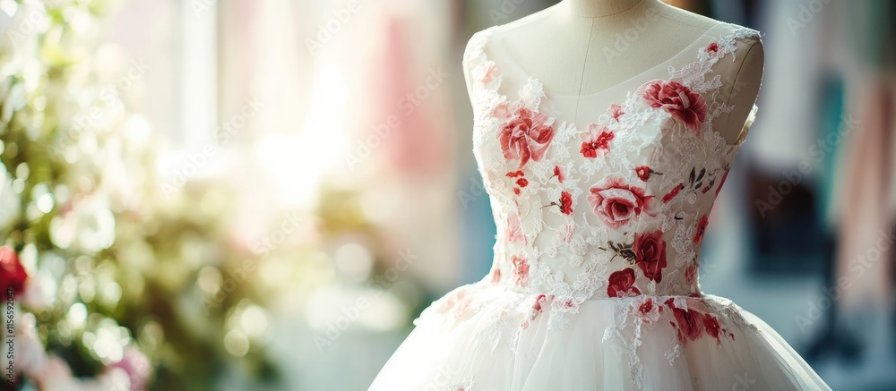 Poster floral wedding gown elegantly showcased on a mannequin in soft light with ample space for custom tex