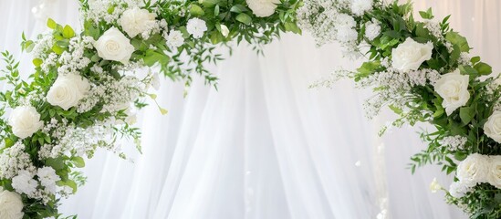 Floral wedding arch adorned with white flowers and lush greenery featuring ample blank space for customizable text or messages