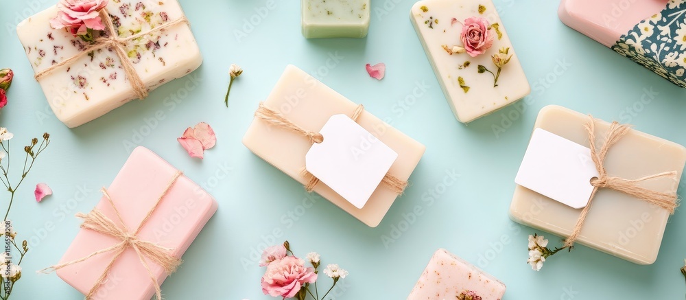 Poster pastel soaps adorned with floral patterns and blank tags providing ample copy space for personalized