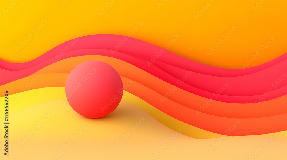 Poster sphere on colorful waves, abstract gradient design, vibrant hues resting serene on undulating layers