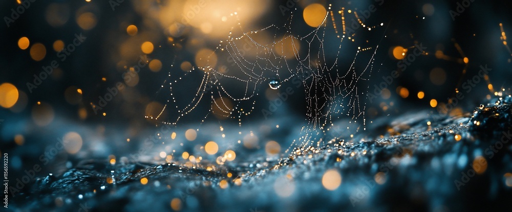 Poster a close-up of a spider web adorned with dew drops and shimmering lights.
