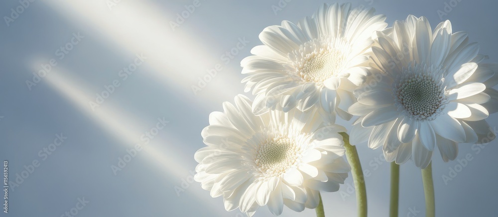 Poster bright and serene composition of three white gerbera daisies illuminated by sunlight with ample spac