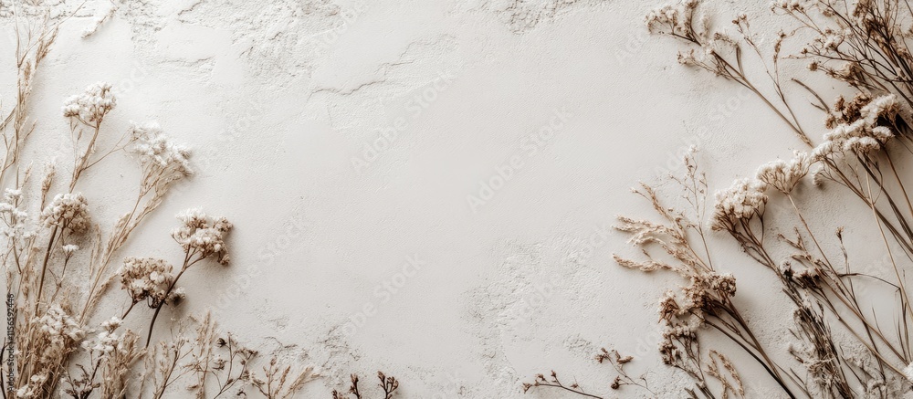 Poster floral composition with abstract natural elements in a serene rural setting featuring off-white tone