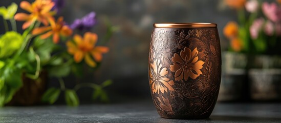 Floral patterned copper whiskey tumbler with vibrant floral background and ample space for text placement