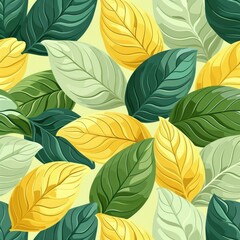 Obraz premium A vibrant pattern of various leaves in shades of green and yellow on a light background.