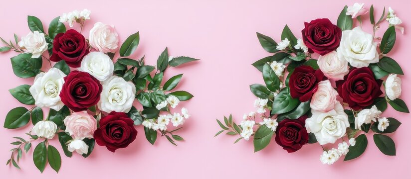 Elegant floral composition with dark red roses and white flowers framed on pink for wedding invitations and greeting cards in vintage style
