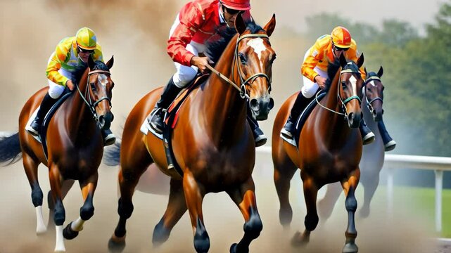 Three horses and their jockeys race towards the finish line, a burst of energy and excitement captured in a watercolor painting