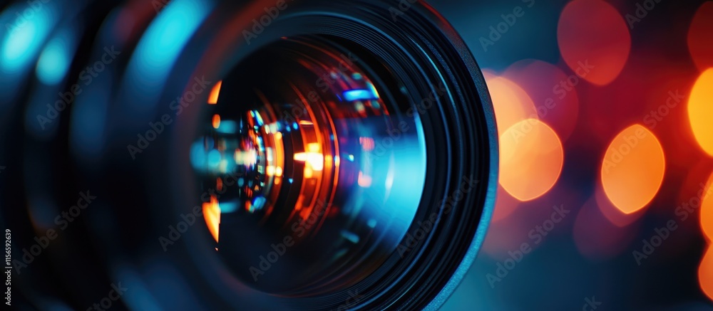 Poster close up of a microscope lens with colorful bokeh lights and empty space for text or design elements