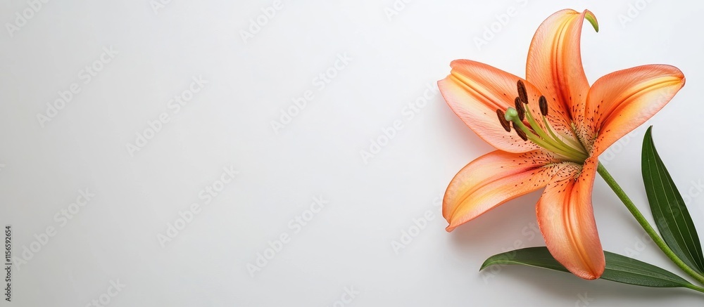 Poster elegant orange lily isolated on white background with ample copy space for creative text and minimal