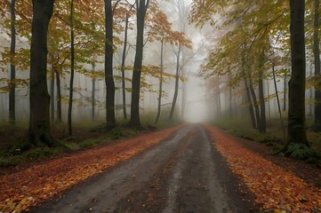Obraz premium A natureal beauty of autumn alley with colorful leaves forming a tunnel