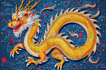 Fototapeta premium Golden dragon with fiery accents and ruby spark in celestial scene