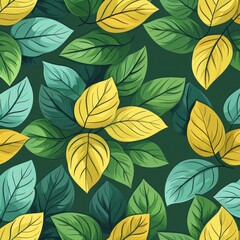 A vibrant pattern of assorted green and yellow leaves on a dark background.