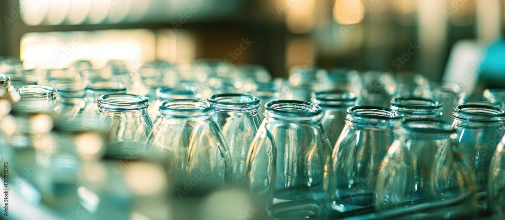 Poster glass bottle production line process with empty bottles ready for filling and customizable text spac