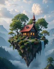 House on a Floating Island with Waterfall