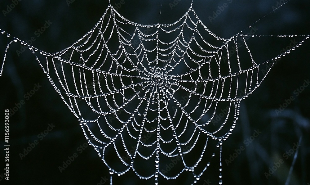 Poster a close-up of a spider web adorned with dew droplets in a dark setting.