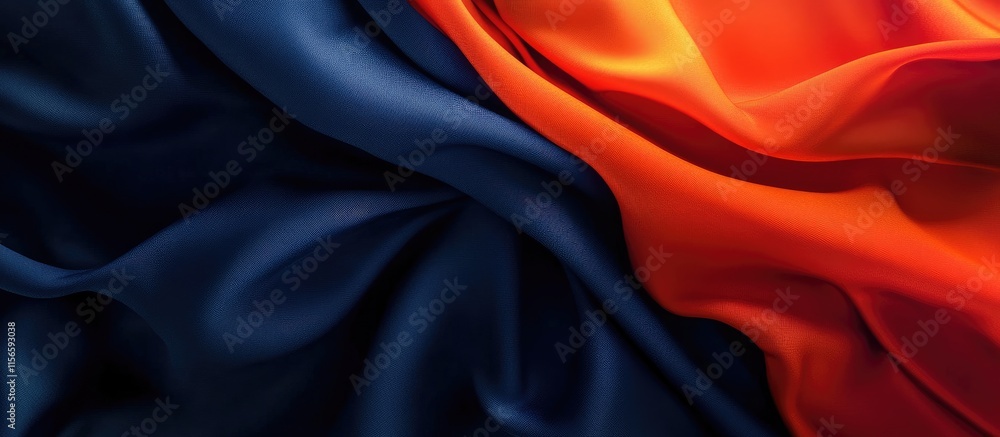 Poster elegant fabric background featuring smooth orange and deep navy blue waves creating a vibrant space 