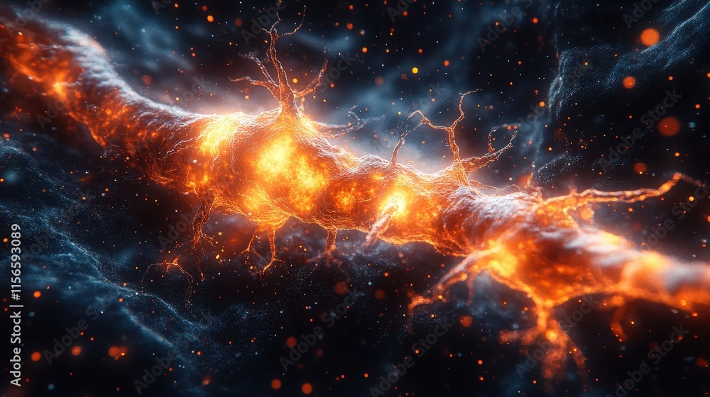 Poster fiery neuron connection, microscopic view of neural pathways, glowing synapses.