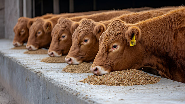 Red Cattle Feeding on Grain in a Row, Agriculture