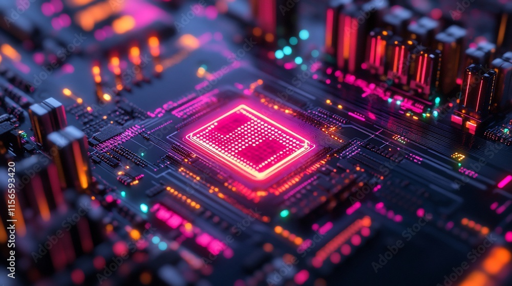 Poster a close-up of a vibrant circuit board with a glowing microchip.