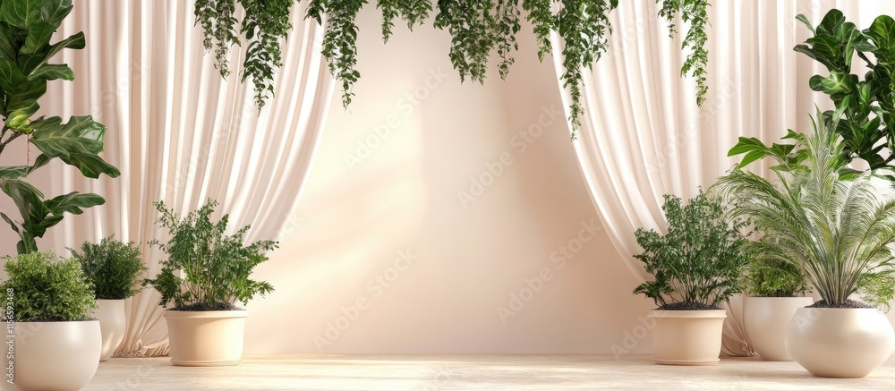Poster elegant display space with potted plants and flowing curtains ideal for showcasing products or event