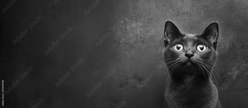 Poster Expressive black cat with wide eyes gazing at the camera against a textured dark background with blank space for text design