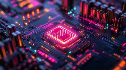 Fototapeta premium A close-up of a vibrant circuit board with a glowing microchip.