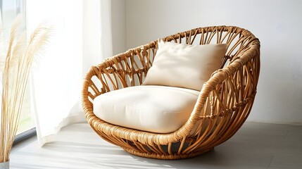 Fototapeta premium Stylish Wicker Chair with Beige Cushions Near Window