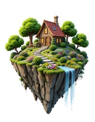 House on a Floating Island with Waterfall