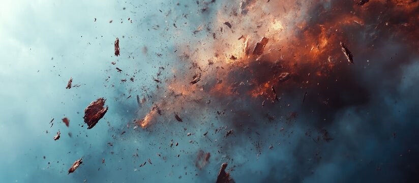 Dynamic explosion with fragments in vibrant colors and ample space for text overlay.