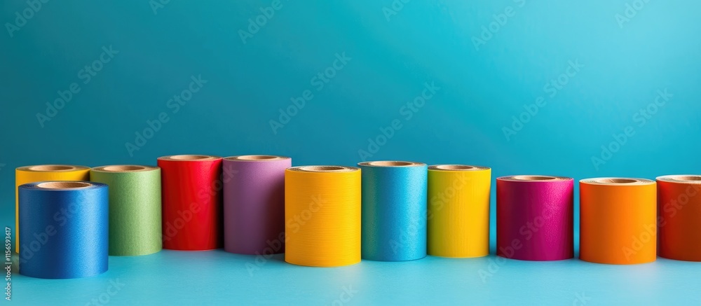 Poster colorful rolls of paper tape arranged in a row on a minimalist background with ample space for text 
