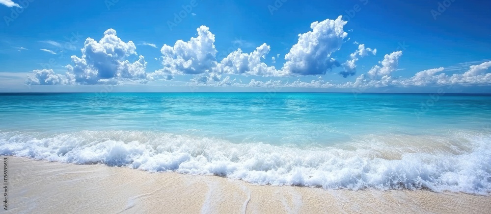 Poster serene ocean landscape with gentle waves and clear blue skies offering tranquil vibes and ample spac