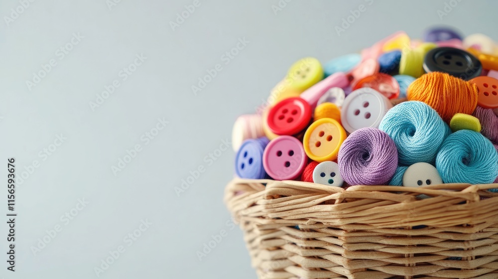 Poster sewing threads and colorful buttons in a woven basket with empty space for text on a soft pastel bac
