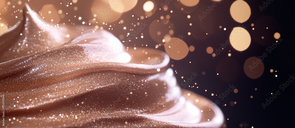 Poster luxurious flow of cream with sparkling particles and blank space for promotional text