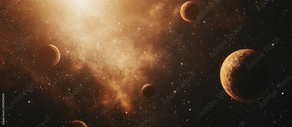 Poster majestic outer space scene featuring multiple planets and sparkling stars with vibrant cosmic clouds