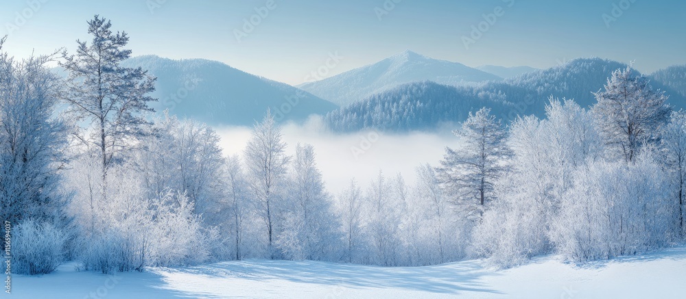 Poster serene winter landscape featuring misty mountains and frosted trees with ample space for text overla