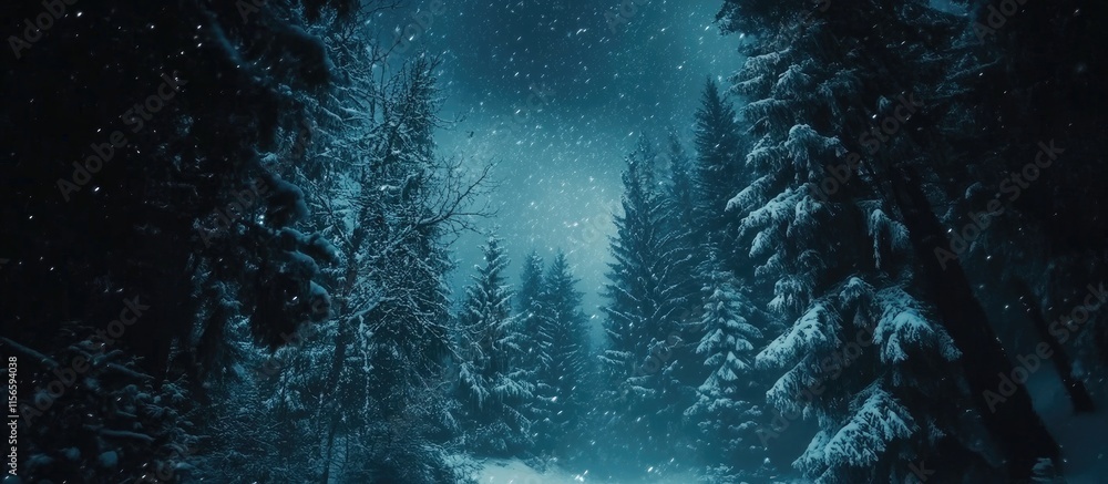 Poster serene winter night in a snow-covered forest with coniferous trees and snowfall creating a peaceful 