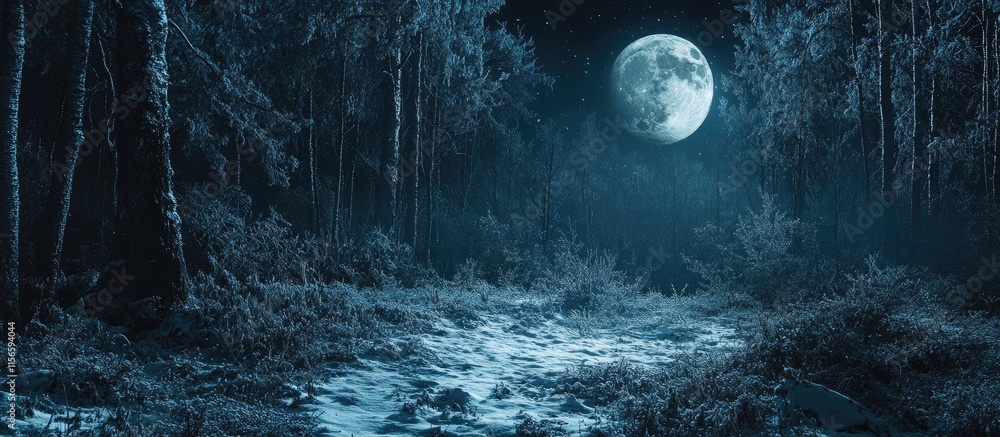 Poster serene winter forest illuminated by full moon with tranquil atmosphere and ample space for text over