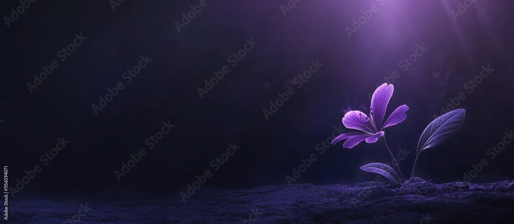 Poster delicate violet flower illuminated in a mysterious dark setting with ample copy space for text ideal