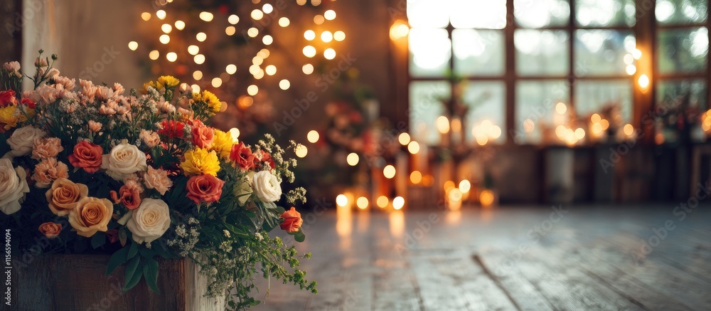 Poster charming rustic interior adorned with vibrant flowers and soft lighting evoking warmth and tranquili