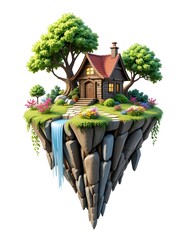 House on a Floating Island with Waterfall