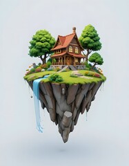House on a Floating Island with Waterfall
