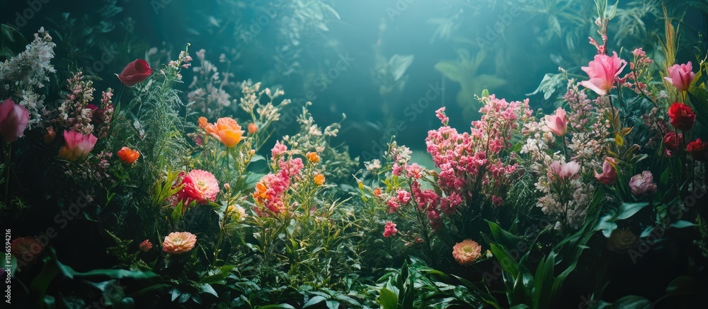 Poster serene forest scene filled with colorful blooms and ample empty space for text or branding in a tran