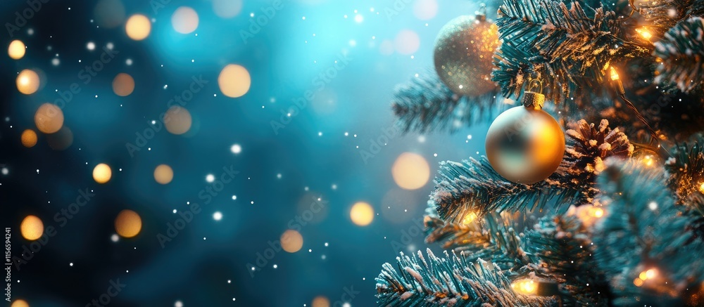 Poster magical holiday light bulbs illuminating a festive tree with blurred bokeh background and ample spac