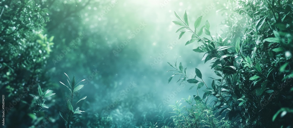 Poster serene forest landscape with lush greenery and soft mist providing a tranquil atmosphere ideal for c
